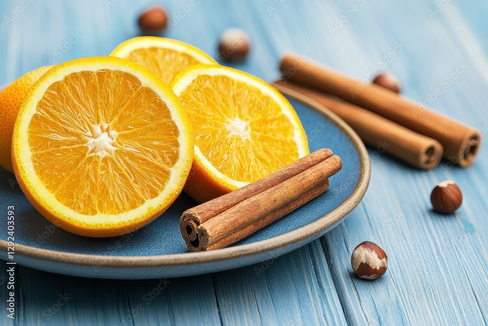 Freshly Sliced Oranges with Cinnamon Sticks and Hazelnuts on Wooden Blue Background Freshly Sliced Oranges with Cinnamon Sticks and Hazelnuts on Wooden Blue Background