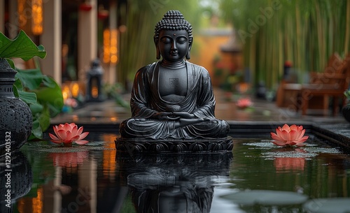 Buddha Statue Zen Garden Tranquility Peaceful Bamboo Lotus Water Spa