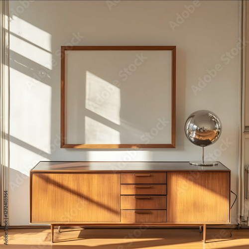 A professional interior photograph of a Bauhausstyle room A widescreen shaped frame on the sideboard The board is empty The frame is a blank white background Closeu