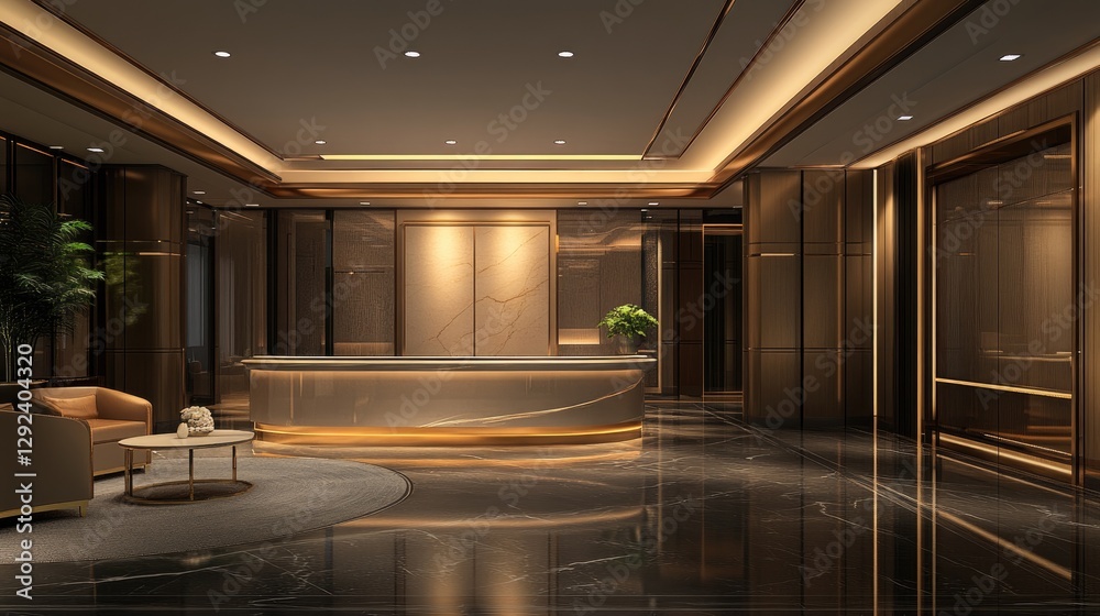 Small yet elegant hotel reception with an intimate atmosphere, stylish furniture, and soft mood lighting Small yet elegant hotel reception with an intimate atmosphere, stylish furniture, and soft mood lighting