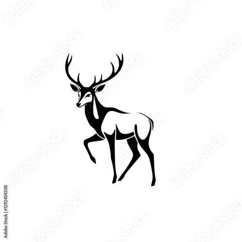 Black-and-white minimalist image of a deer with large antlers on a white background, emphasizing a calm, majestic posture, and refined design.