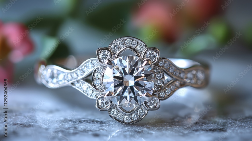 Fototapeta premium Elegant Diamond Ring with Floral Background