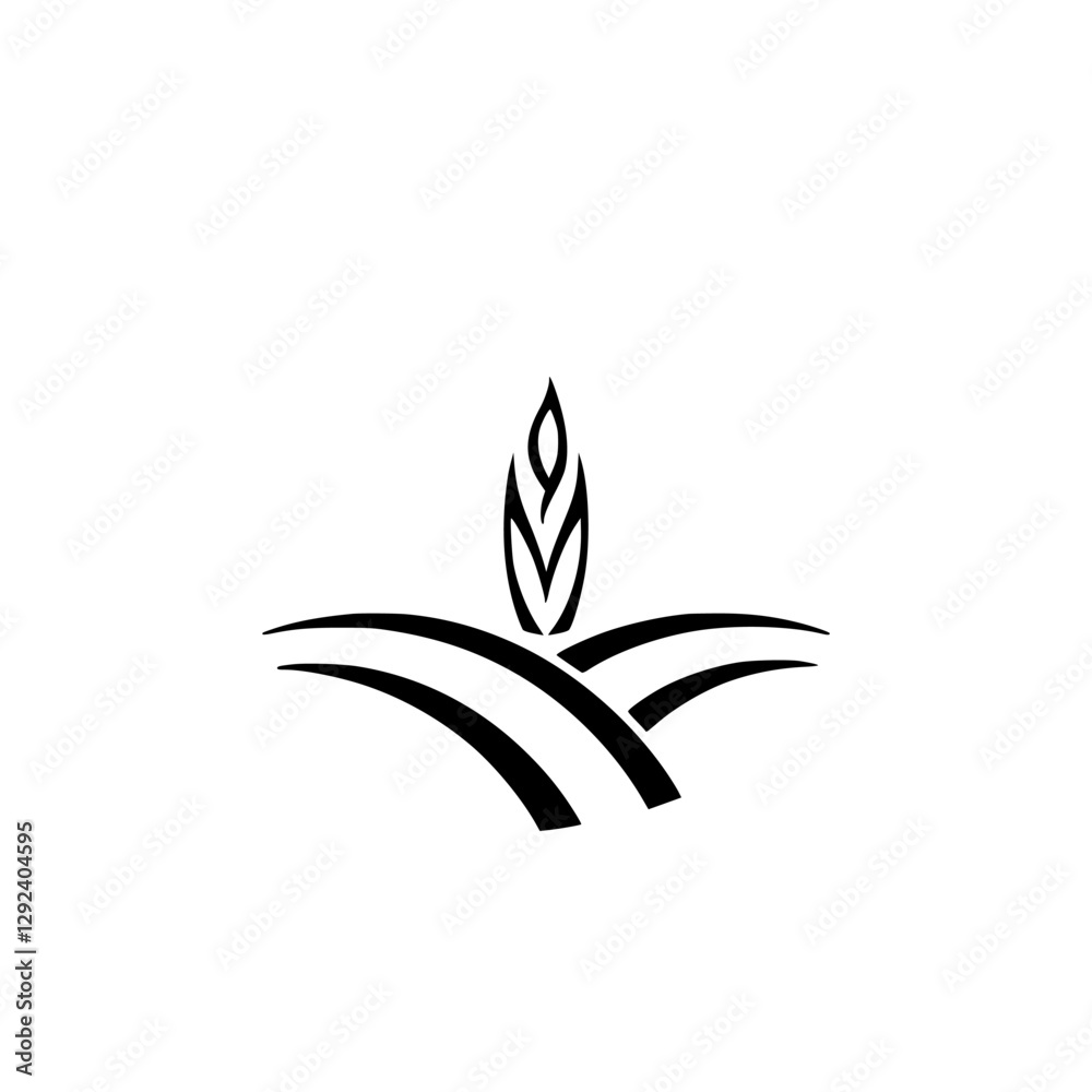 Minimalist black and white logo of a stylized wheat sprout above hills, graphic illustration. Minimalist black and white logo of a stylized wheat sprout above hills, graphic illustration.