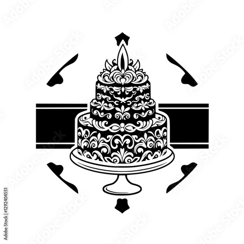 Three-tiered Wedding Cake: Floral design, isolated on white, with ornate borders and embellishments, surrounded by the tools.