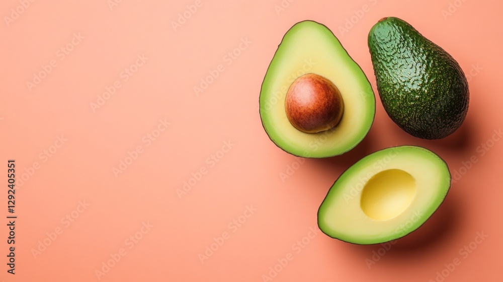Sliced avocados on coral backdrop for healthy recipe, smoothie, or nutrition blog Sliced avocados on coral backdrop for healthy recipe, smoothie, or nutrition blog