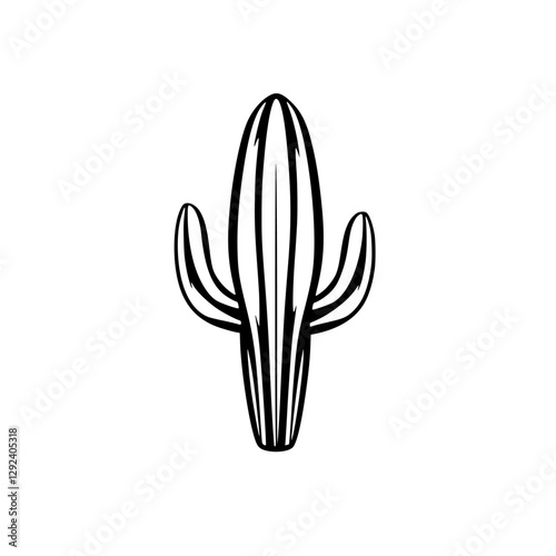 Minimalist black and white illustration of a cactus on a white background. Simple, graphic design style.