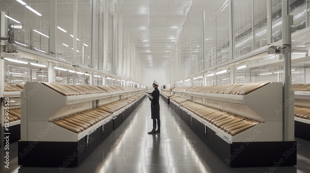 Fototapeta premium A person examining shelves of neatly arranged products in a modern, spacious warehouse environment