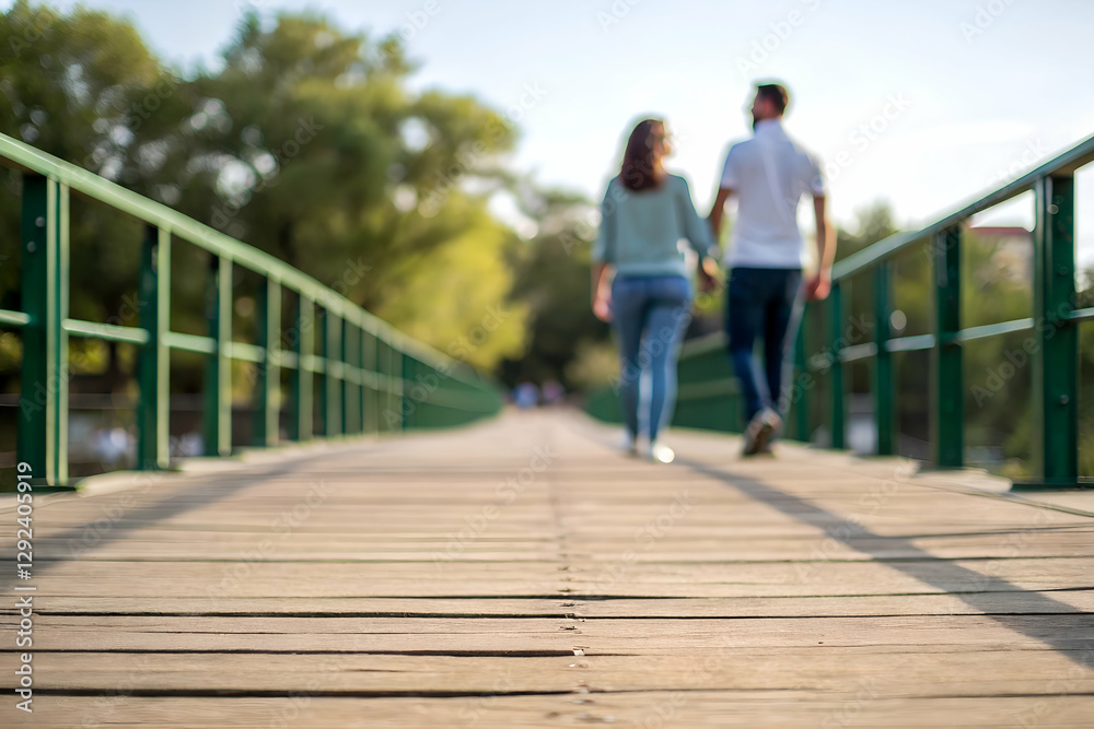 Firting Couple Walking Hand-in-Hand on a Wooden Boardwalk Firting Couple Walking Hand-in-Hand on a Wooden Boardwalk