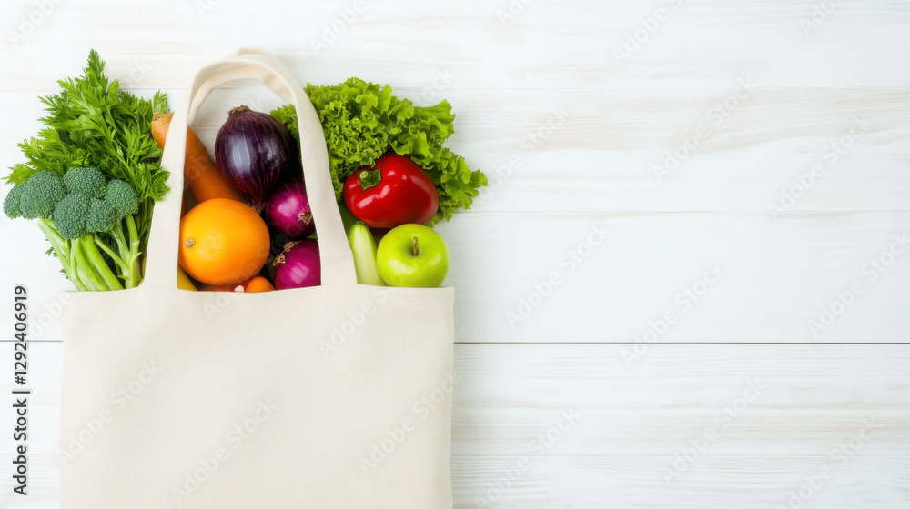 Eco-friendly reusable tote bag filled with fresh organic produce for green living Eco-friendly reusable tote bag filled with fresh organic produce for green living