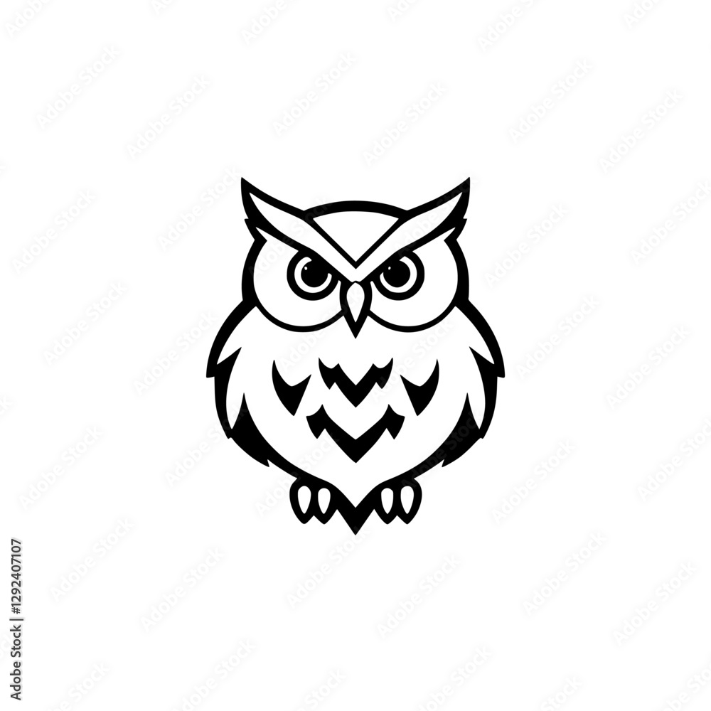Black and White Owl Illustration: A Stylized Vector Depiction of a Wise Owl, Centered on White. The owl is standing on a white background. Black and White Owl Illustration: A Stylized Vector Depiction of a Wise Owl, Centered on White. The owl is standing on a white background.