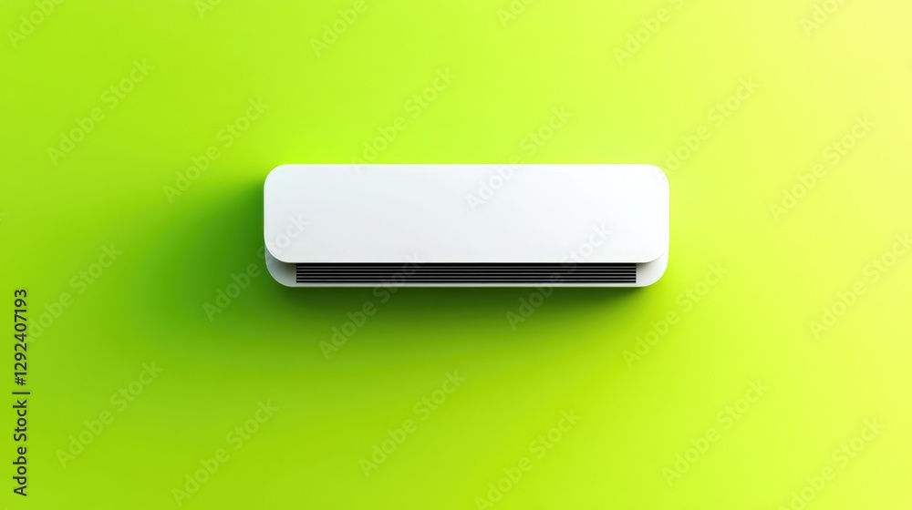 Wall-mounted heat pump system floating on a bright green background, representing renewable heating. Wall-mounted heat pump system floating on a bright green background, representing renewable heating.