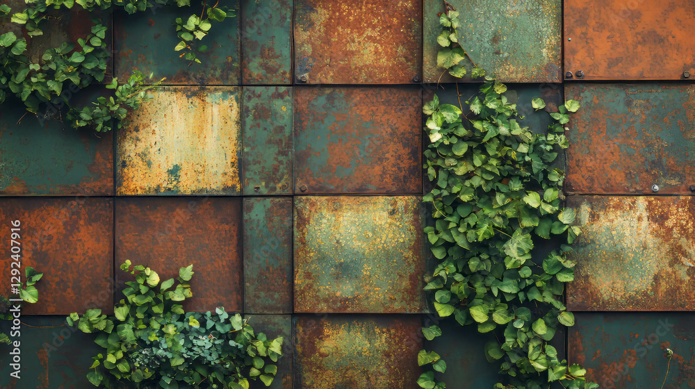 Fototapeta premium Rustic metal and nature fusion: vines growing over weathered metal plates