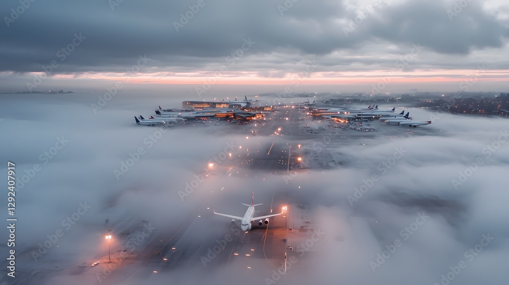 Aerial view of fog-covered airport surreal landscape photography atmospheric high perspective Aerial view of fog-covered airport surreal landscape photography atmospheric high perspective