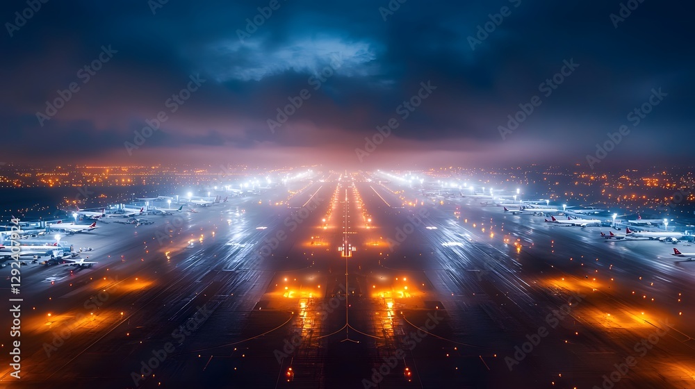Fototapeta premium Mysterious foggy aerial view of an airport at night urban landscape nighttime photography