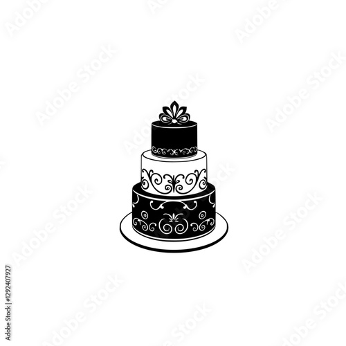 Elegant three-tiered cake with intricate filigree and topper, black and white silhouette illustration on white background.