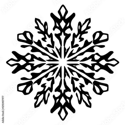Black and white snowflake illustration of a single symmetrical design against a white background.
