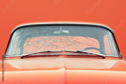 A damaged classic automobile with a shattered windshield is shown