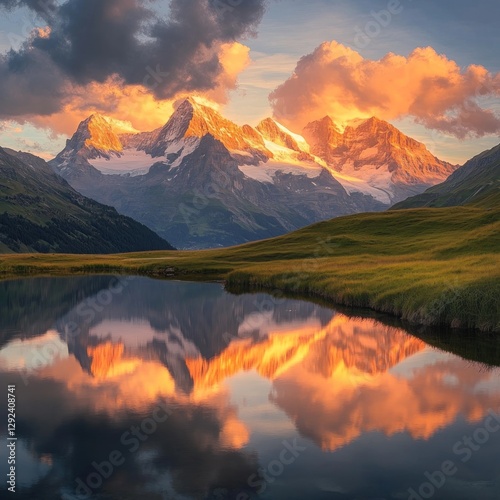 Alpine Sunrise Reflecting on Mountain Lake photo