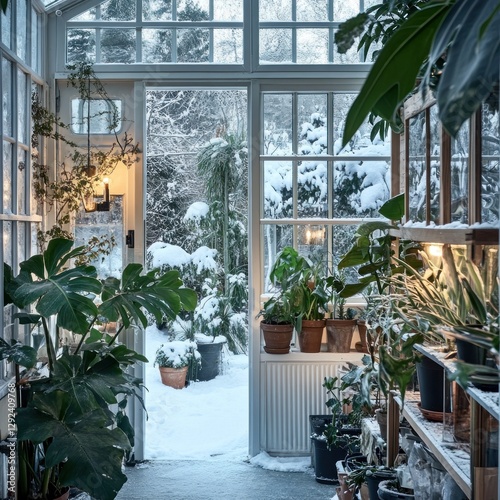 Snowy winter greenhouse plants photo