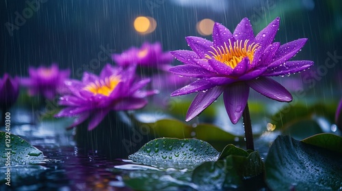 Rain-soaked purple water lilies, night pond