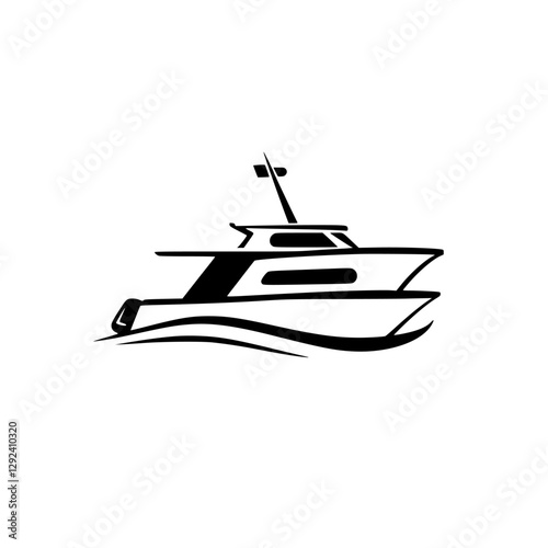 Boat: Simple black-and-white minimalist illustration of a modern motor yacht against a white background.