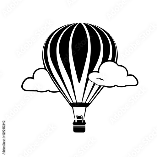 Minimalist illustration of a black and white hot air balloon floating above clouds.