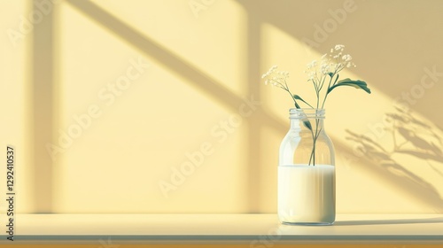 Milk, flowers, sunlit room, minimalist