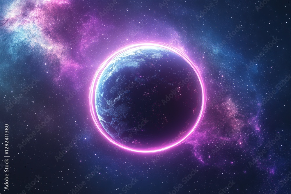 Fototapeta premium Vibrant cosmic scene showcasing Earth surrounded by luminous nebula and glowing energy ring in deep space