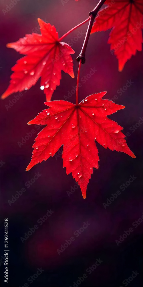 Two red maple leaves with water droplets on a branch, dark red background Two red maple leaves with water droplets on a branch, dark red background