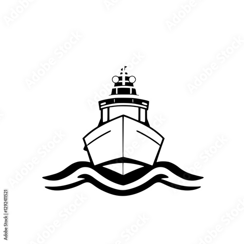 A frontal view of a vector illustration of a ship sailing on stylized wavy water, against a white backdrop.