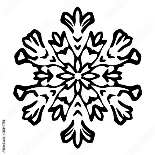 Black snowflake illustration against white background, with symmetrical design.