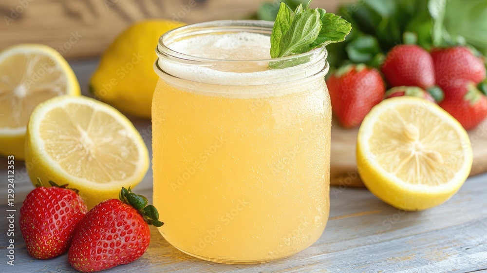 Refreshing lemon strawberry drink, summer, wood table, healthy Refreshing lemon strawberry drink, summer, wood table, healthy