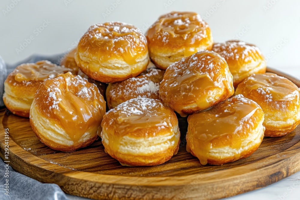 Delicious Creamy Caramel Glazed Donuts Stacked on a Wooden Serving Platter Delicious Creamy Caramel Glazed Donuts Stacked on a Wooden Serving Platter