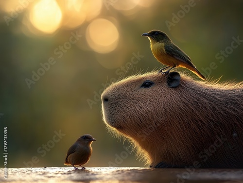 Interaction of a curious capybara and a small bird under the warm glow of sunset in a tranquil natural setting. Generative AI
