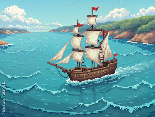 sea, ship, pixel art