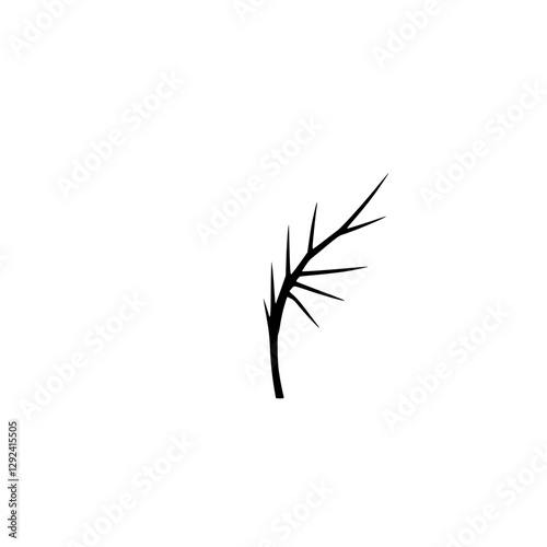 Sparse Black Branch on White Backdrop. Abstract image of a branch with sharp thorns on a pure white field.