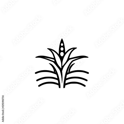 Simple black and white logo of a stylized corn stalk with seeds, surrounded by broad leaves and thin stalks.