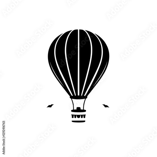 Black and white illustration of a hot air balloon soaring against a white background, with birds flying.
