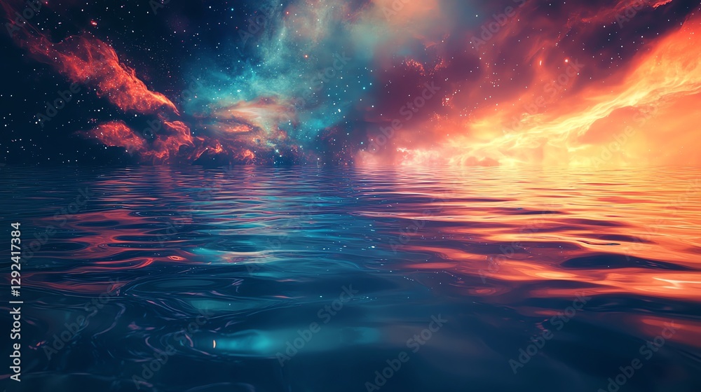 Fototapeta premium A vibrant cosmic scene depicting a tranquil ocean under a colorful sky filled with stars and vivid clouds.