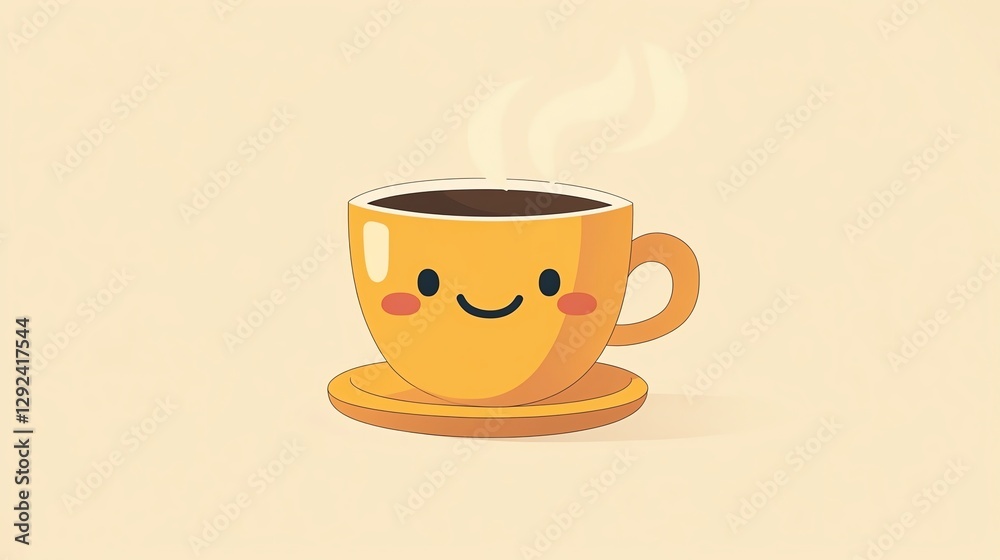 A cheerful, yellow coffee cup with a smiling face and steam rising, set on a matching saucer against a light background. A cheerful, yellow coffee cup with a smiling face and steam rising, set on a matching saucer against a light background.