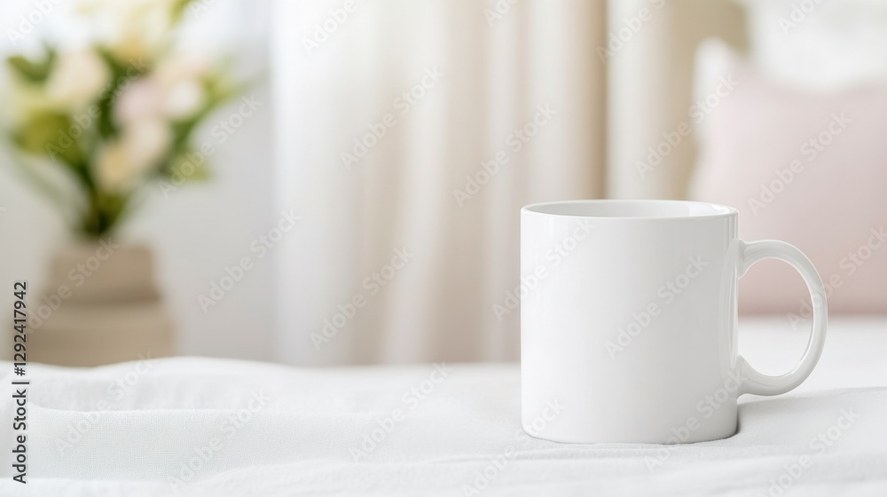 A serene scene featuring a plain white mug on a soft surface, complemented by a blurred background of flowers and curtains, evoking tranquility. A serene scene featuring a plain white mug on a soft surface, complemented by a blurred background of flowers and curtains, evoking tranquility.