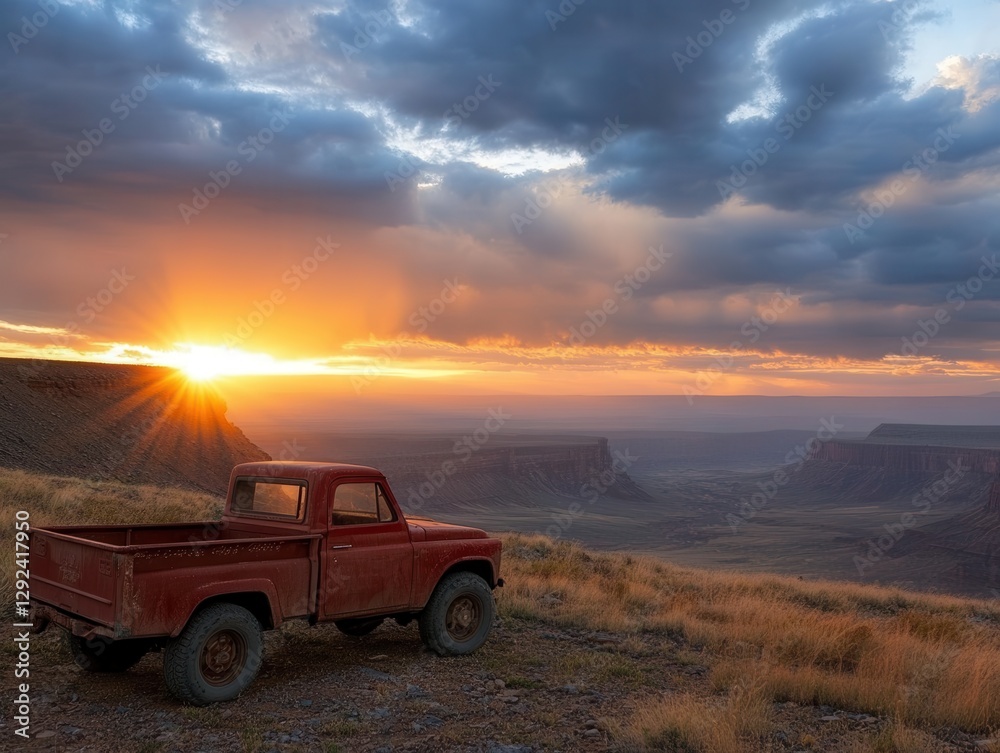 Dust-covered off-road truck rests on the edge of a stunning canyon at sunset, capturing the beauty of the wild landscape. Generative AI Dust-covered off-road truck rests on the edge of a stunning canyon at sunset, capturing the beauty of the wild landscape. Generative AI