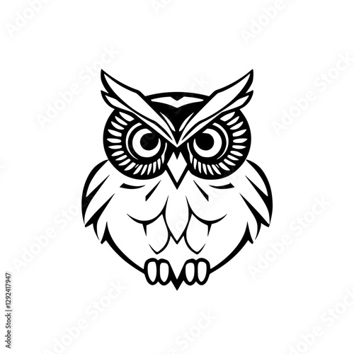 Black and white illustration of a stylized owl, featuring a minimalist design, a frontal symmetrical view and bold strokes.