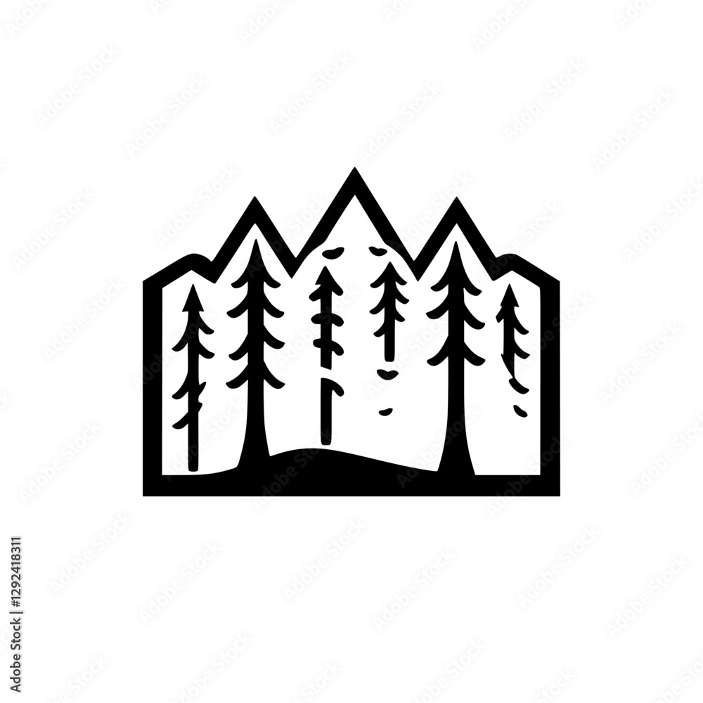 Obraz premium Black and white minimalist image of a forest silhouette within a square frame, evoking a sense of nature.