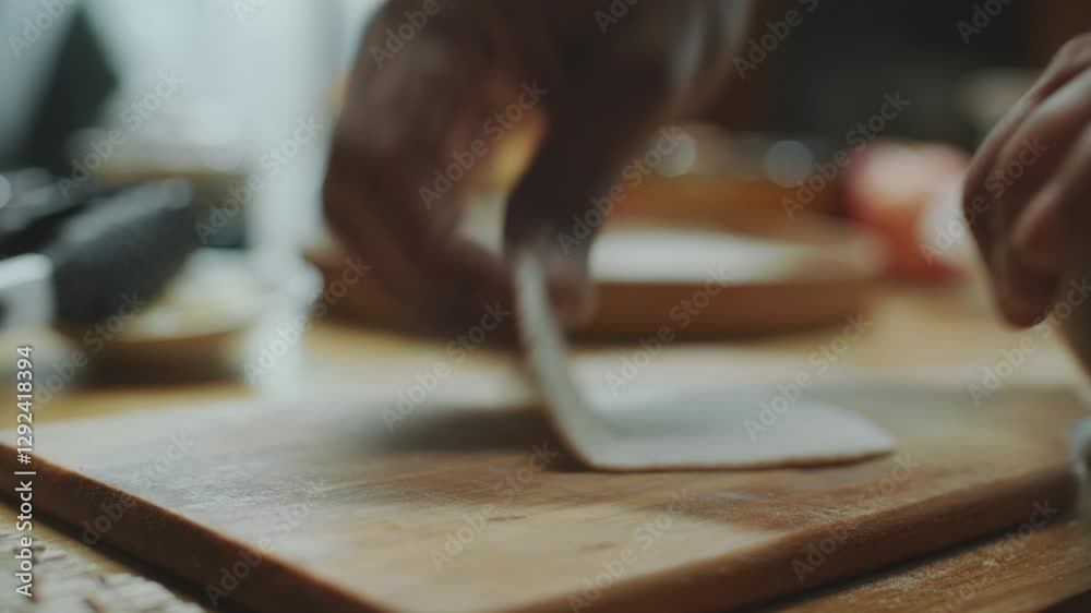 Hands of unrecognisable man using rolling pin to flatten dough into round thin sheet on table to make traditional Indian bread. Close-up shot