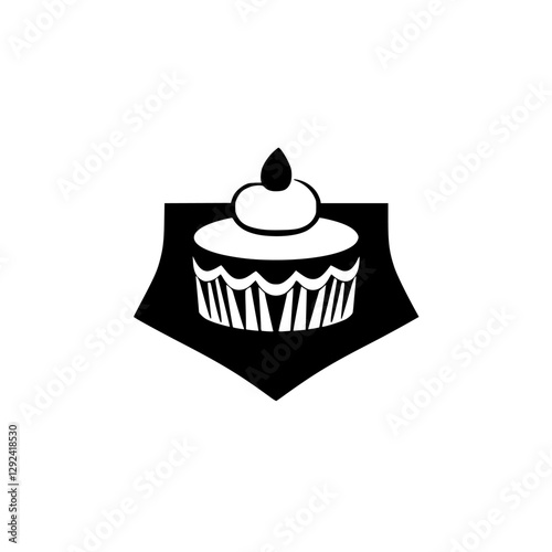 Minimalist cake illustration of a dessert with icing, perched on a black background.