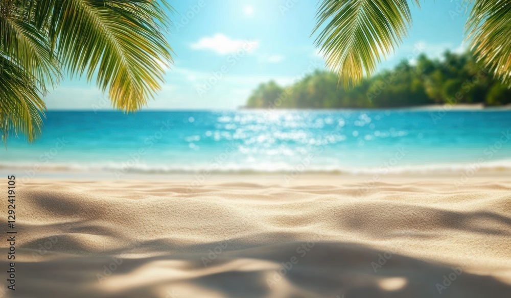 Obraz premium Tropical Beach Scene with Palm Trees Soft Sunlight and Calm Ocean