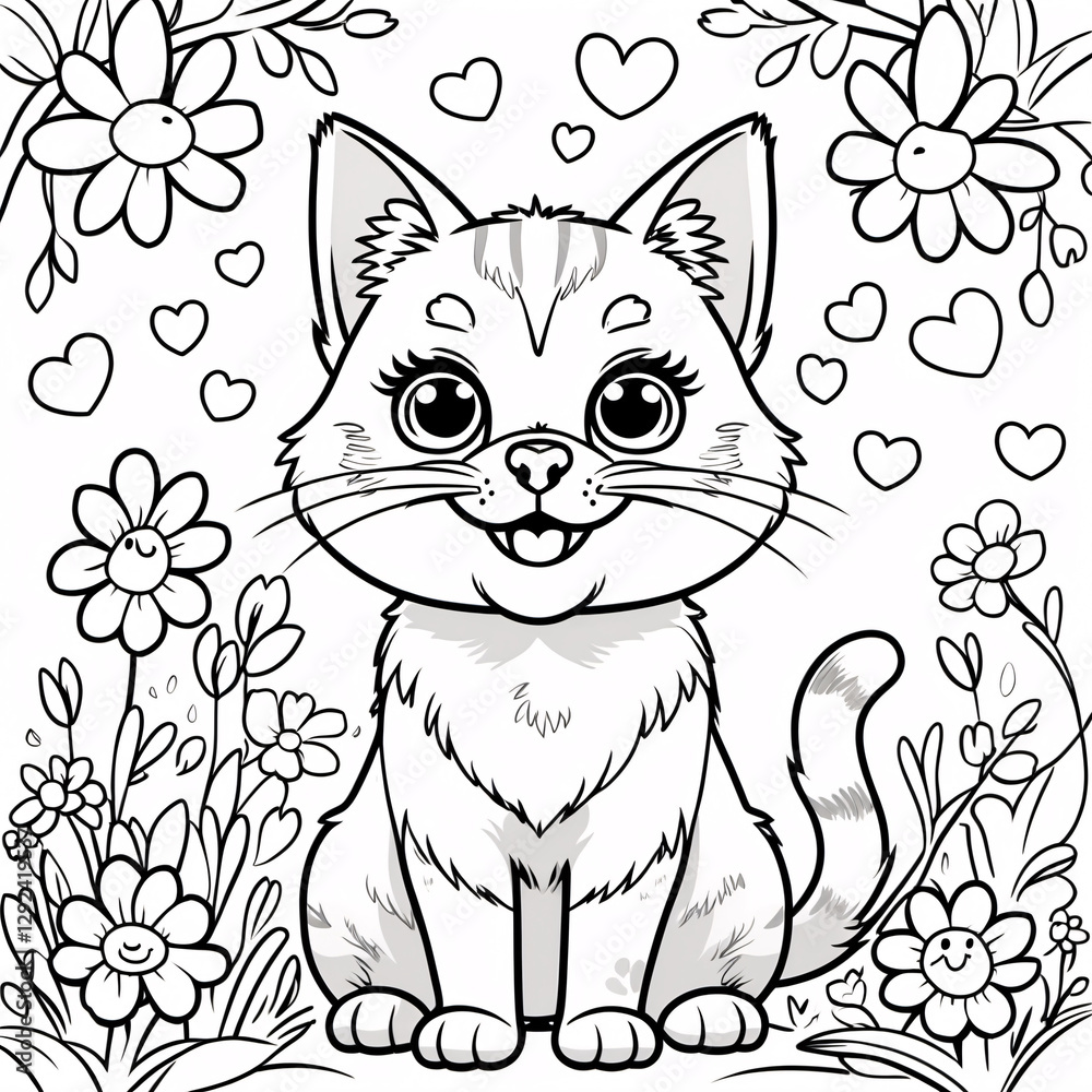 Friendly Smiling Cat Line Art Drawing for Kids Fun Book Covers and Creative Educational Coloring Pages for Children Drawing Illustration with Heart and Flowers Friendly Smiling Cat Line Art Drawing for Kids Fun Book Covers and Creative Educational Coloring Pages for Children Drawing Illustration with Heart and Flowers