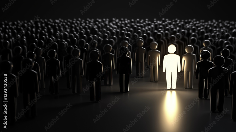Fototapeta premium Einzelner Mensch leuchtet inmitten einer Menge dunkler Silhouetten
