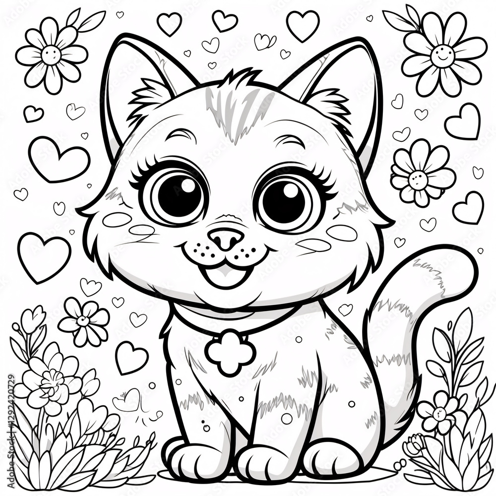 Playful Smiling Cat Line Drawing for Kids Book Covers and Fun Creative Coloring Pages for Kids Imagination and Learning Drawing Illustration with Heart and Flowers Playful Smiling Cat Line Drawing for Kids Book Covers and Fun Creative Coloring Pages for Kids Imagination and Learning Drawing Illustration with Heart and Flowers